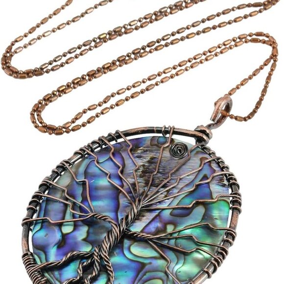 Abalone Shell Stone Pendant Necklace,Oval Wire Wrapped Jewelry - Picture 4 of 7